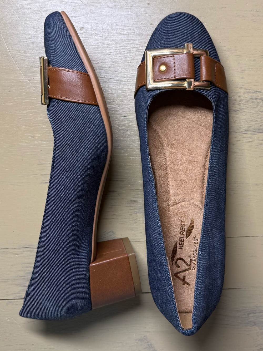 A2 By Aerosoles Heelrest Dark Denim Flats with Brown Buckle